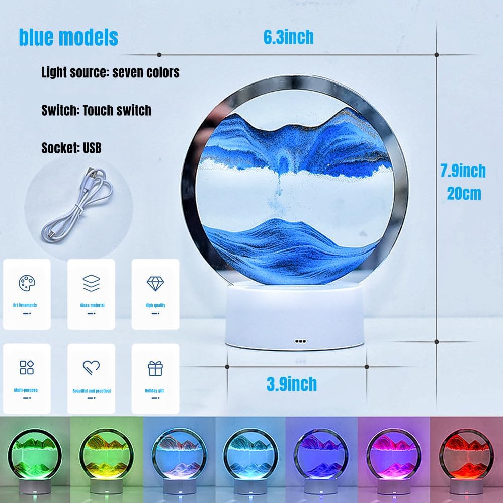 Moving Sand Art Picture 3D Deep Sea Sandscape in Motion Display Flowing Sand Frame Mobile Sand Painting Colorful LED Quicksand Lamp Home Office Desktop Decor Art Toys Relaxing Gifts(7.9"/Blue)